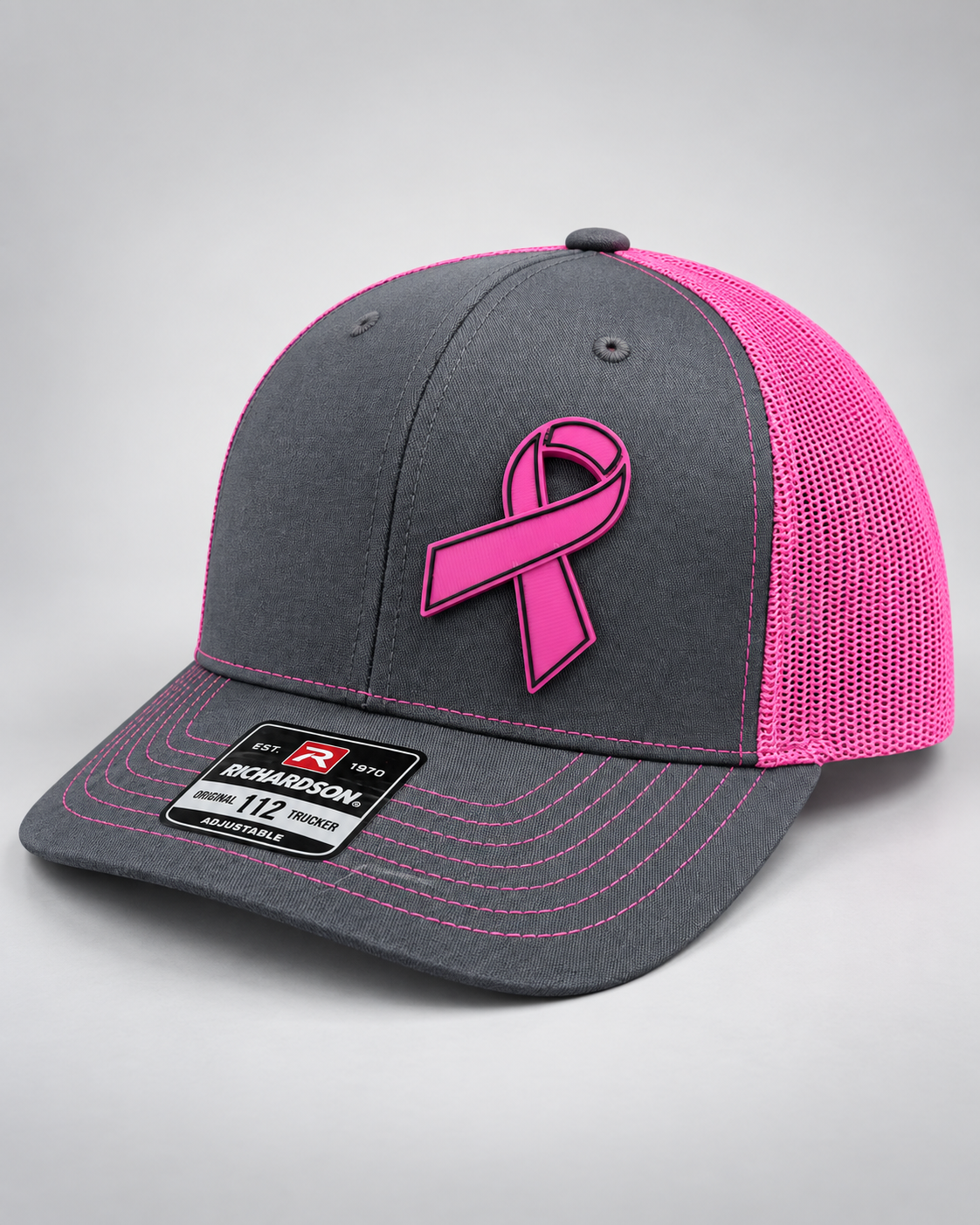 Breast Cancer Awareness Badge Hat - Black and Brushed Stainless Badge