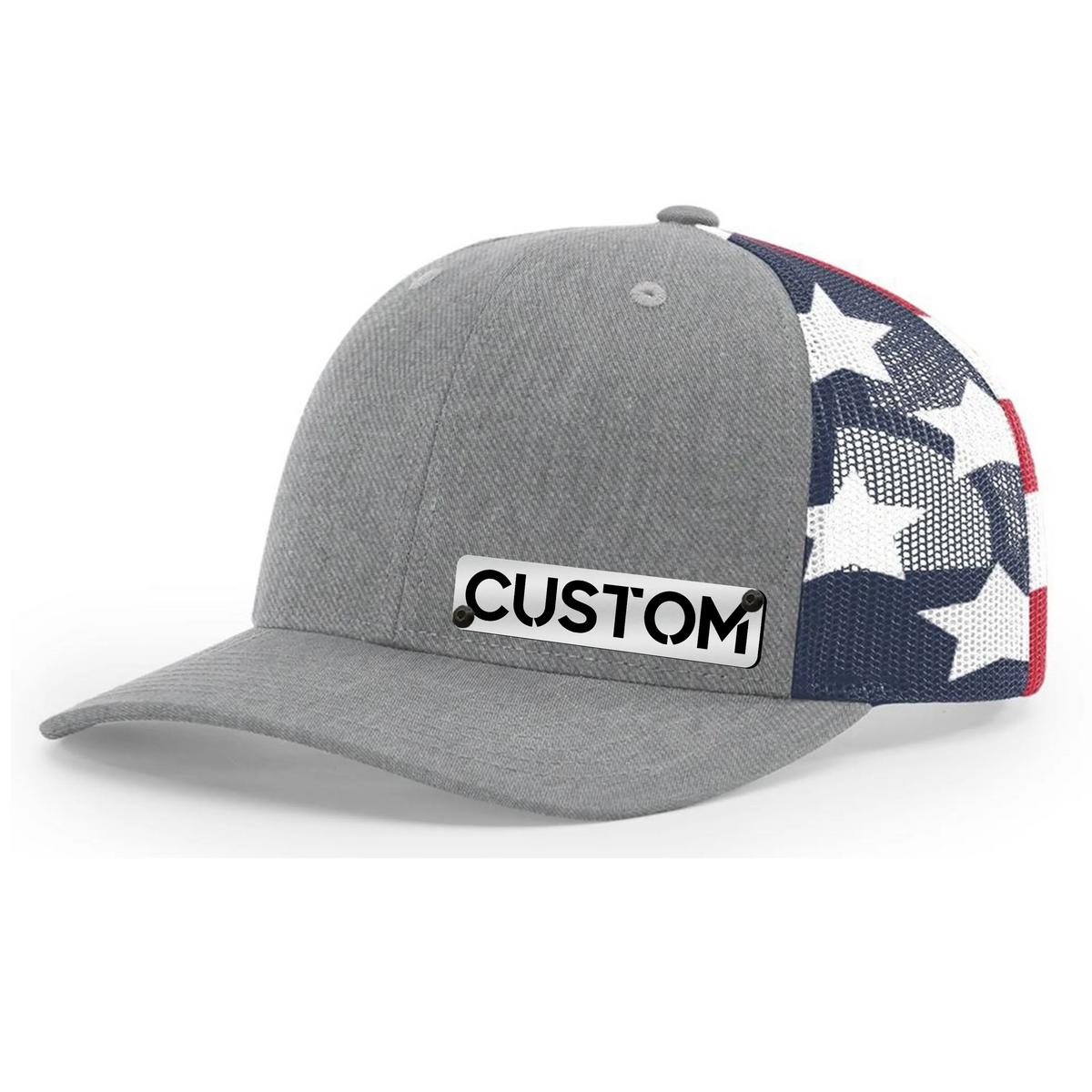 Custom Badge Hat - Trucker Snapback - Black and Brushed Silver Badge - Upload Your Own