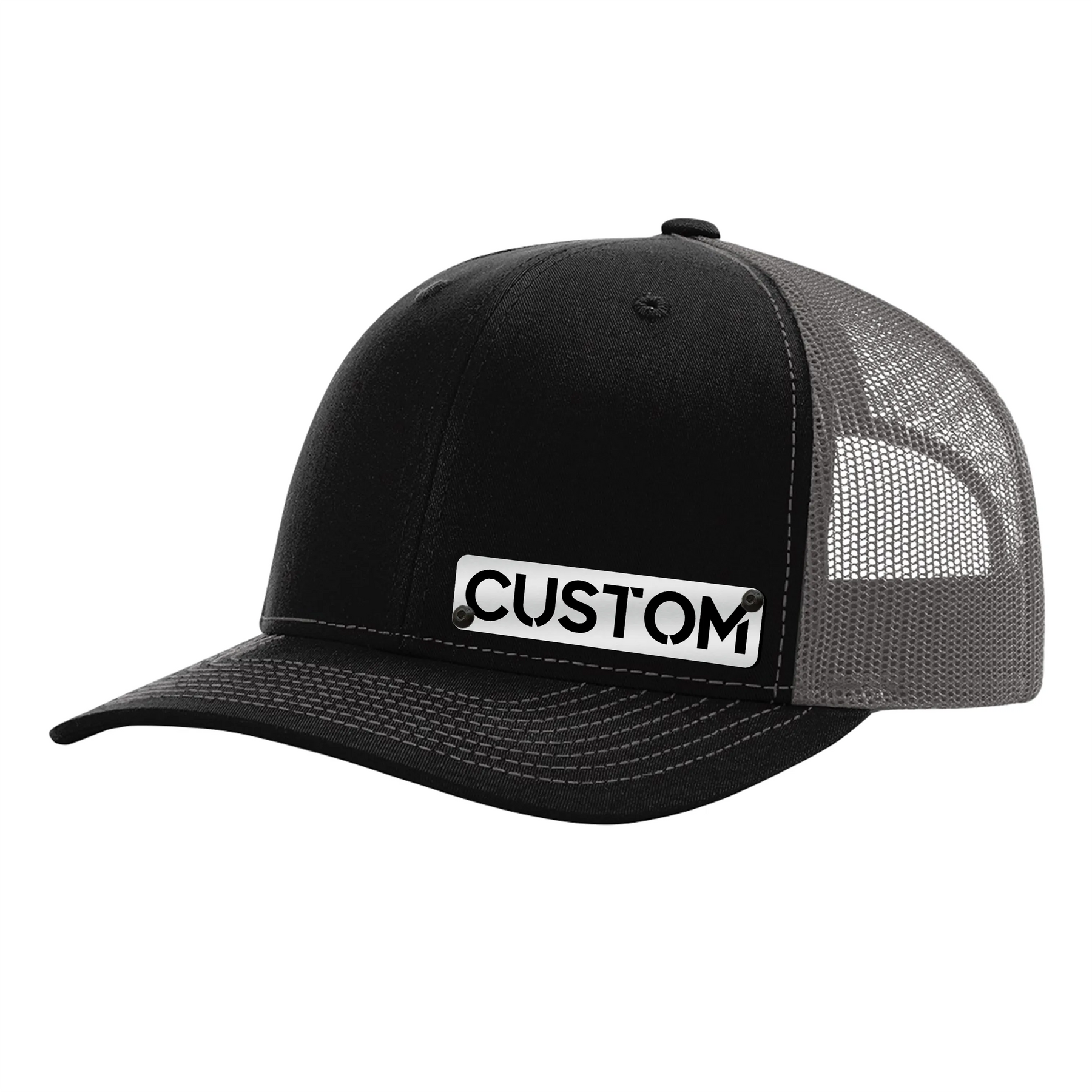 Gorra con insignia personalizada - Gorra tipo camionero con cierre trasero - Insignia negra y plateada cepillada - Sube la tuya