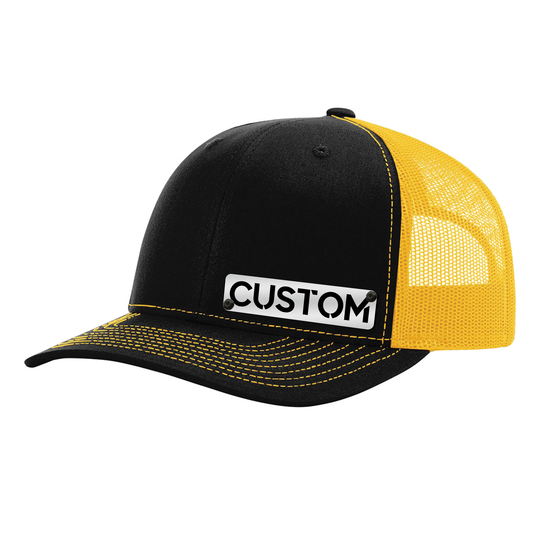 Gorra con insignia personalizada - Gorra tipo camionero con cierre trasero - Insignia negra y plateada cepillada - Sube la tuya