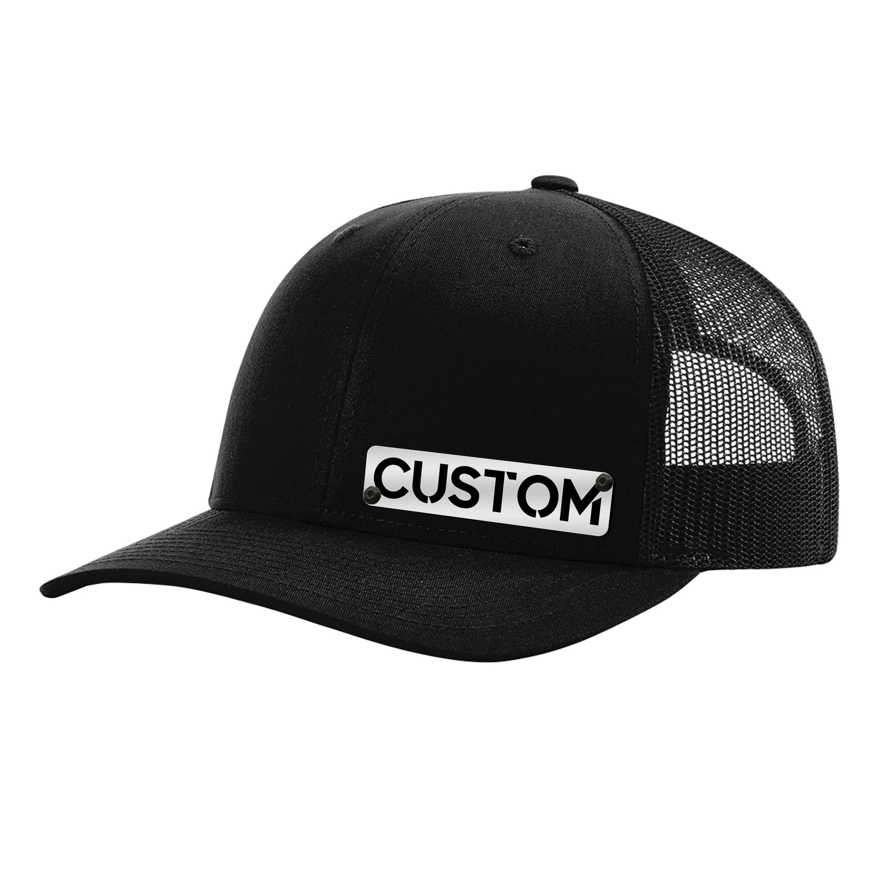 Gorra con insignia personalizada - Gorra tipo camionero con cierre trasero - Insignia negra y plateada cepillada - Sube la tuya
