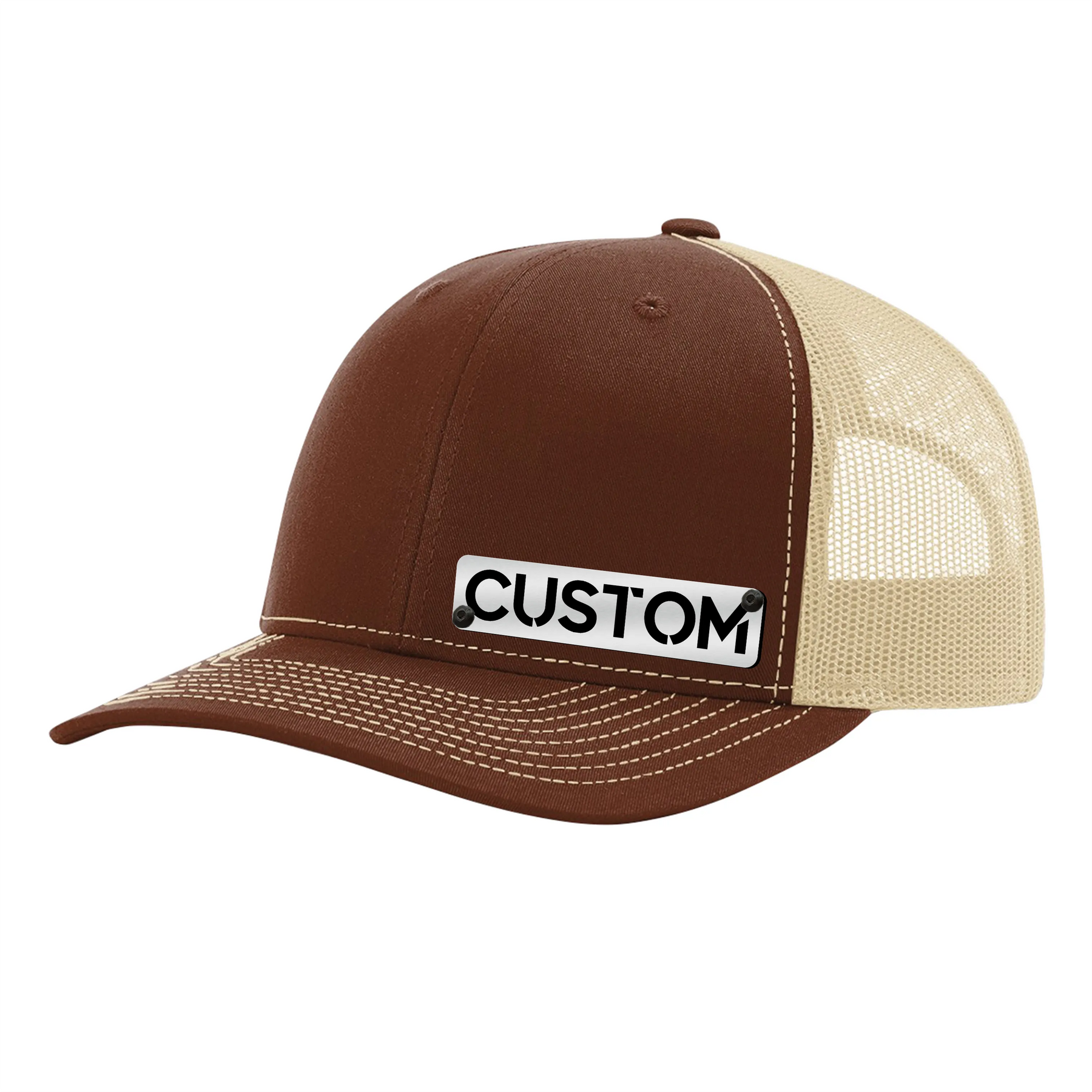 Gorra con insignia personalizada - Gorra tipo camionero con cierre trasero - Insignia negra y plateada cepillada - Sube la tuya