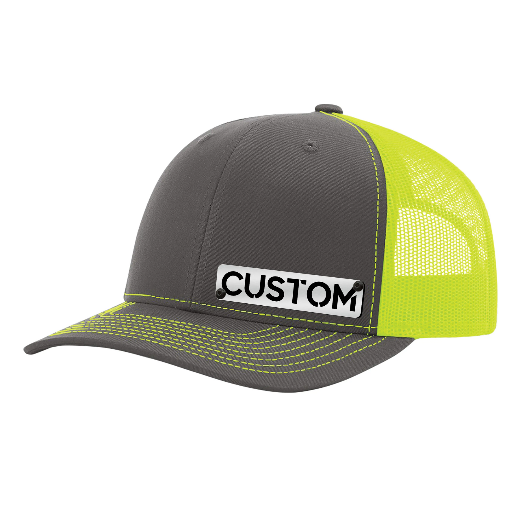 Gorra con insignia personalizada - Gorra tipo camionero con cierre trasero - Insignia negra y plateada cepillada - Sube la tuya
