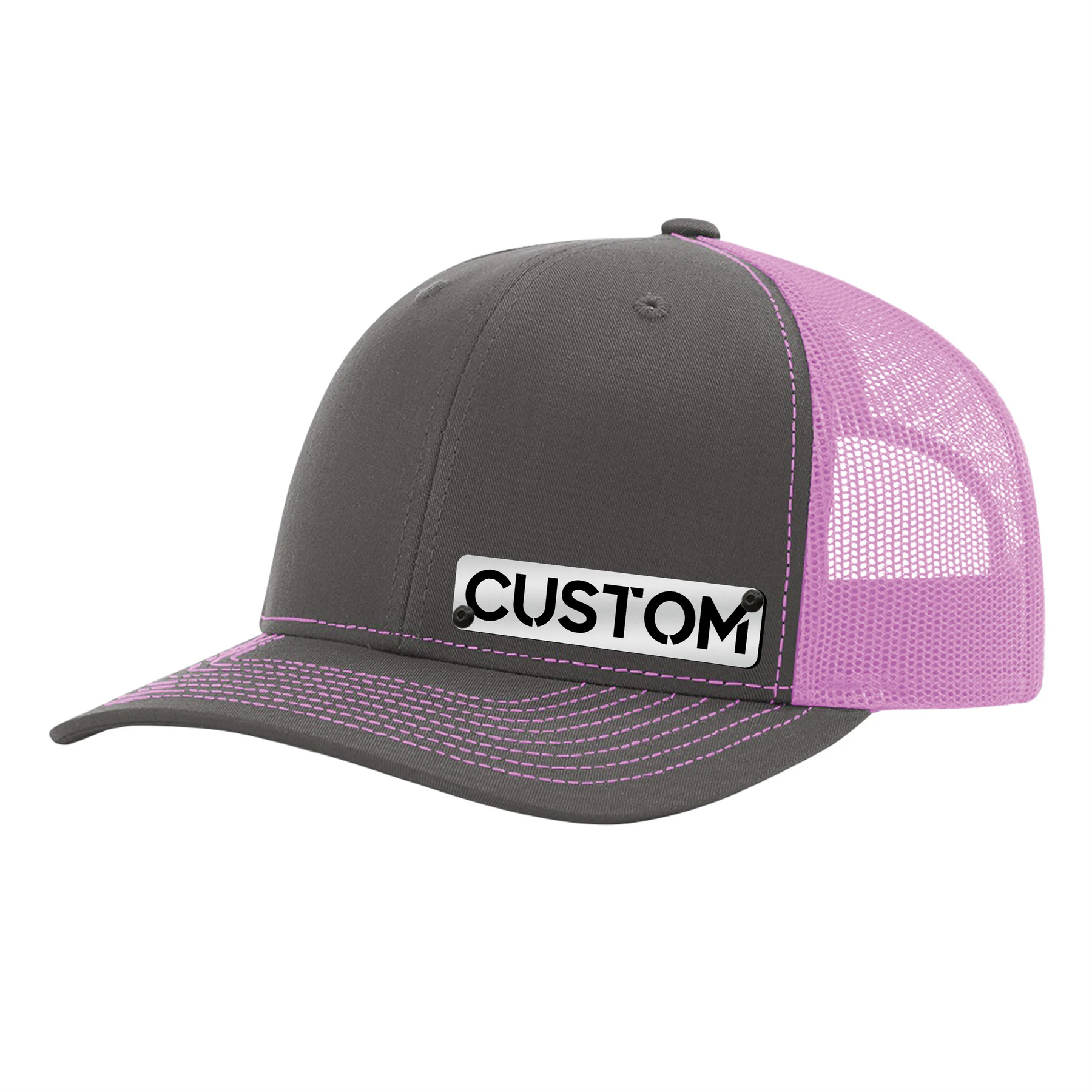 Gorra con insignia personalizada - Gorra tipo camionero con cierre trasero - Insignia negra y plateada cepillada - Sube la tuya