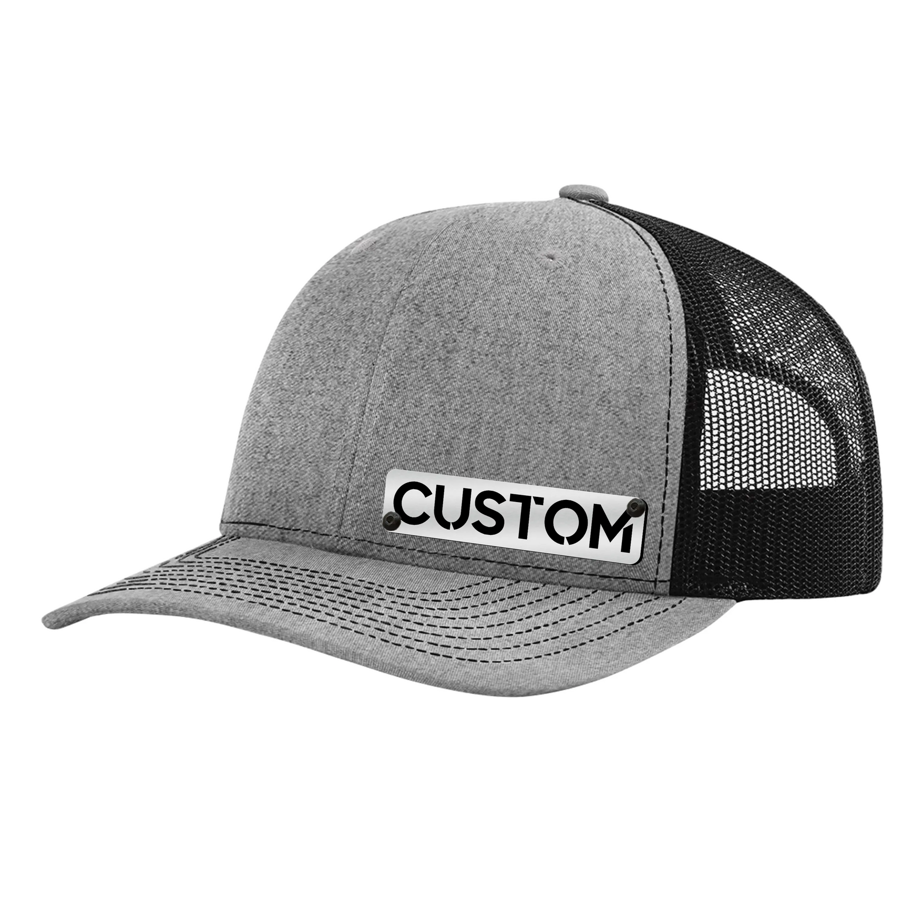 Gorra con insignia personalizada - Gorra tipo camionero con cierre trasero - Insignia negra y plateada cepillada - Sube la tuya
