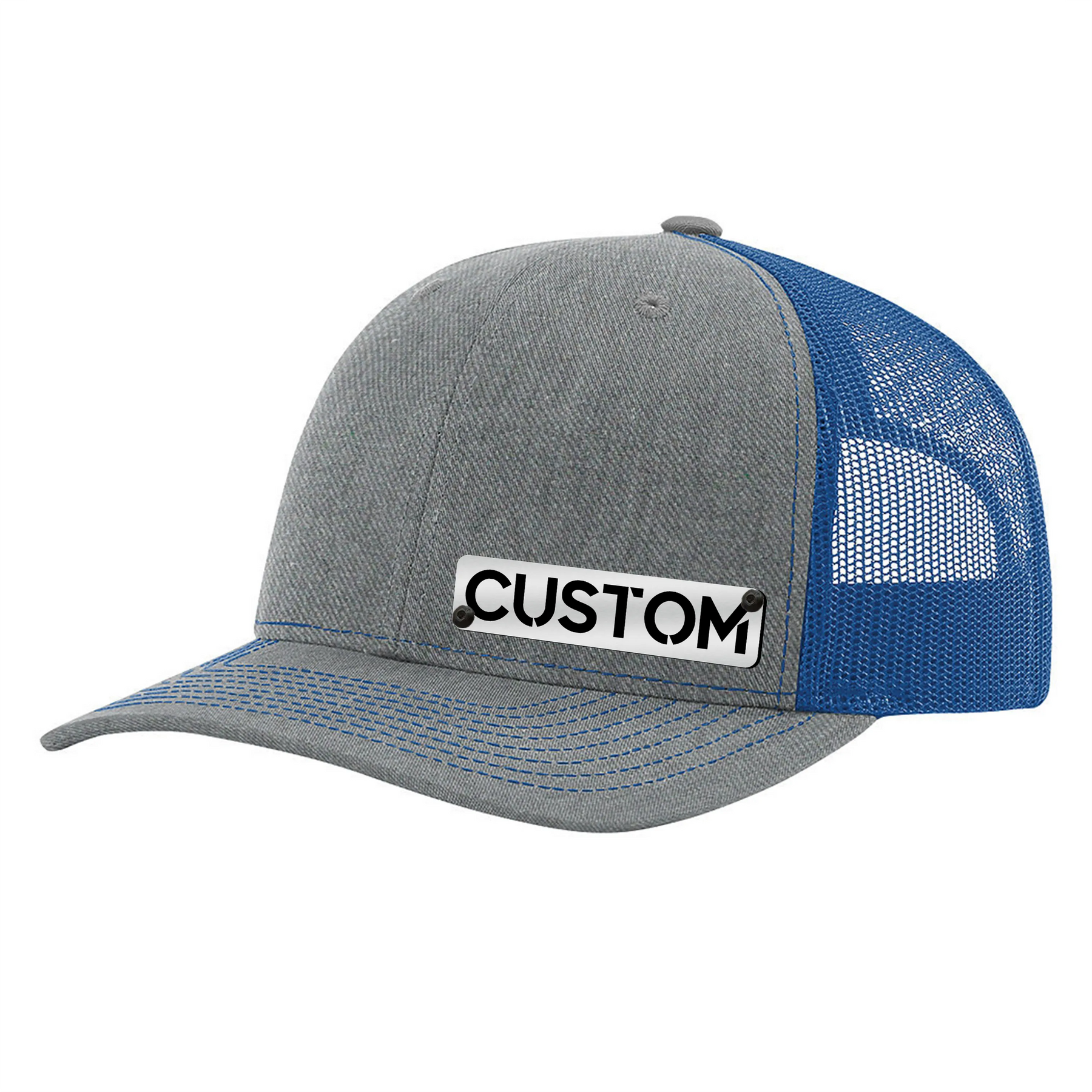 Gorra con insignia personalizada - Gorra tipo camionero con cierre trasero - Insignia negra y plateada cepillada - Sube la tuya