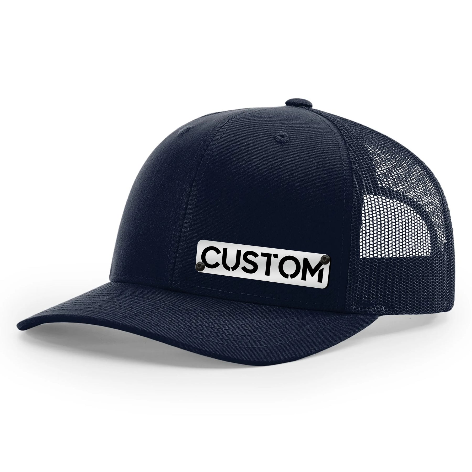 Gorra con insignia personalizada - Gorra tipo camionero con cierre trasero - Insignia negra y plateada cepillada - Sube la tuya