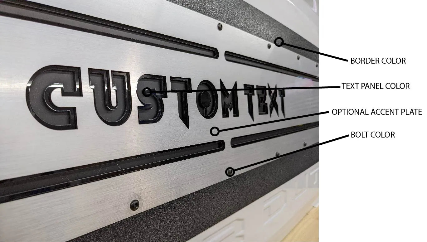 Aplique LED con texto personalizado para puerta trasera: compatible con modelos Ford® F250®, F350® y F450® 2017-2022