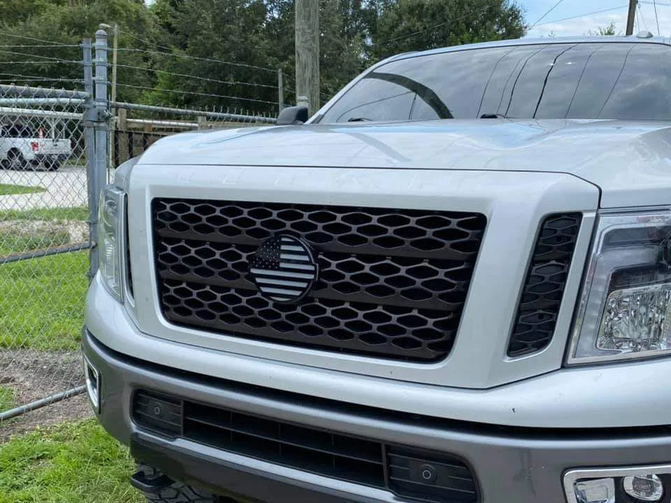 American Flag Badge - Fits 2016-2024 Nissan® Titan® Grille - Black on Gray