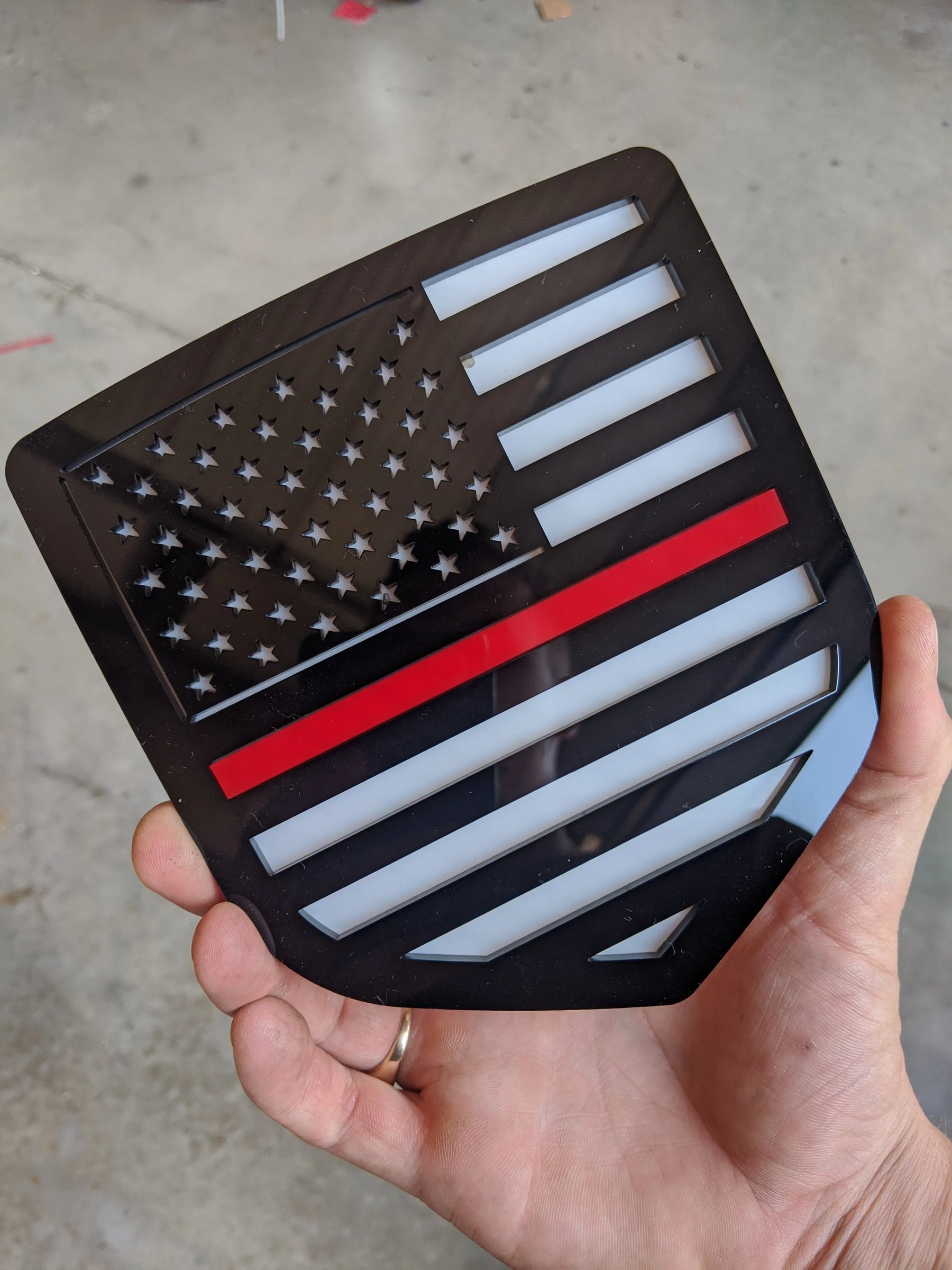 American Flag Badge - Fits 2009-2018 Dodge® Ram® Tailgate -1500, 2500, 3500 - Black on White with a Thin Red Line