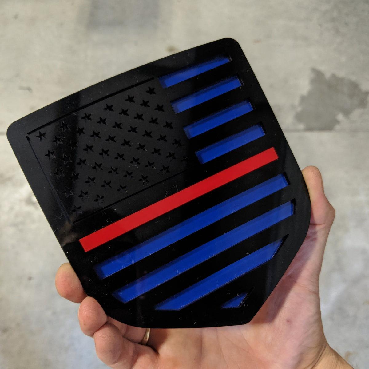 American Flag Badge - Fits 2009-2018 Dodge® Ram® Tailgate - Black on Blue with a Thin Red Line