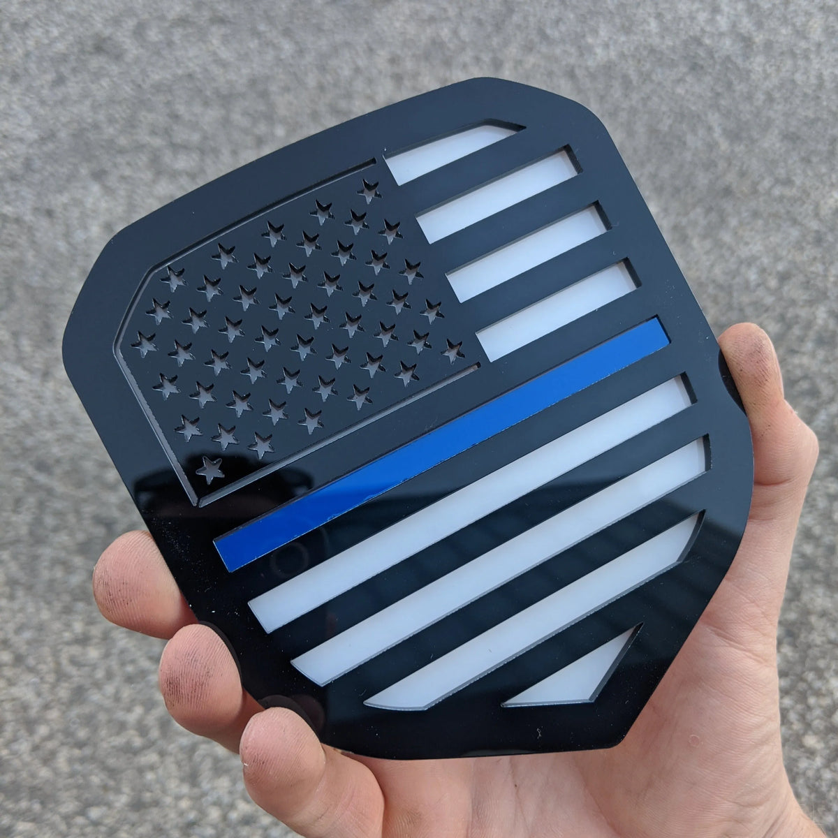 American Flag Badge - Fits 2013-2018 Dodge® Ram® Grille - 1500, 2500, 3500 - Black on White with a Thin Blue Line