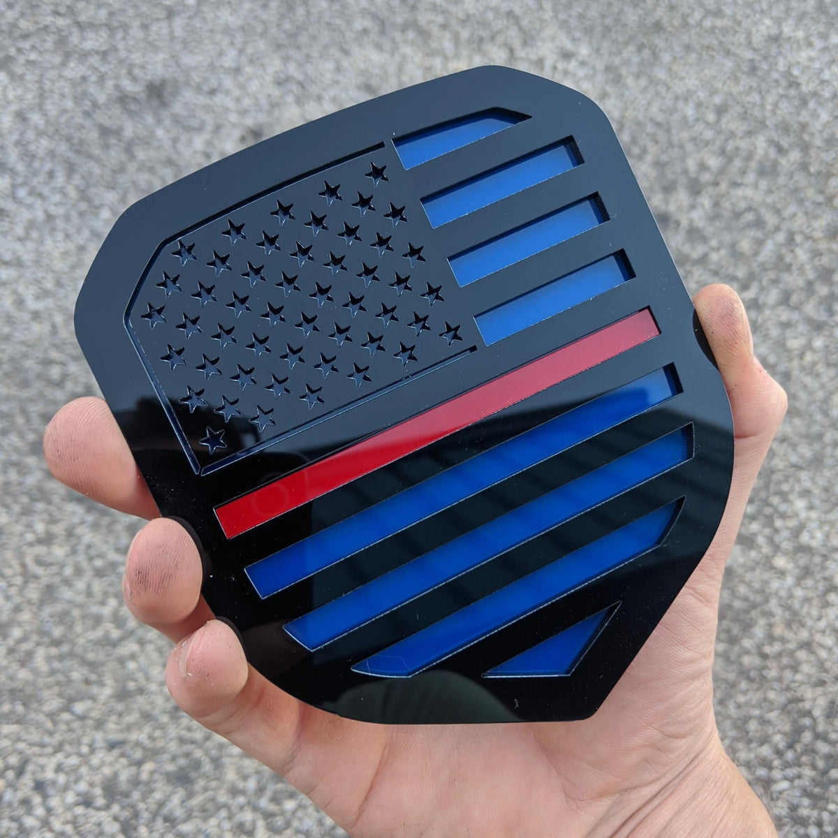 American Flag Badge - Fits 2013-2018 Dodge® Ram® Grille - 1500, 2500, 3500 - Black on Blue with a Thin Red Line