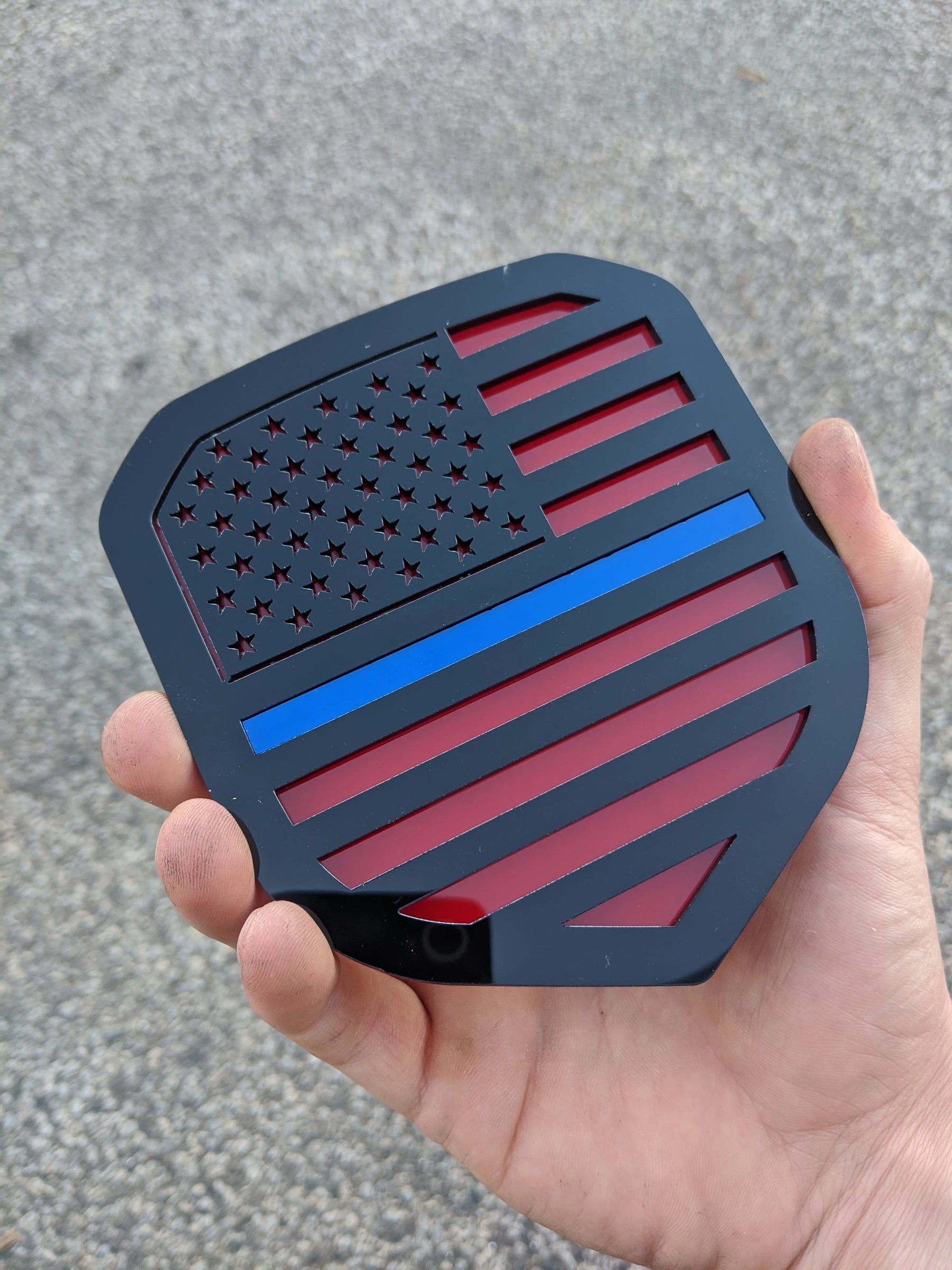American Flag Badge - Fits 2013-2018 Dodge® Ram® Grille - 1500, 2500, 3500 - Black on Red with a Thin Blue Line