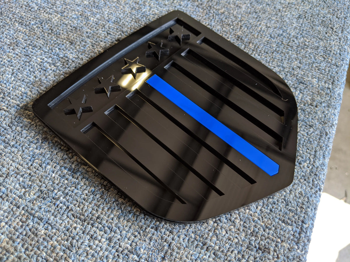Vertical American Flag Badge - Fits 2008-2018 Dodge® Ram® Tailgate -1500, 2500, 3500 - Black on Black w/Thin Blue Line