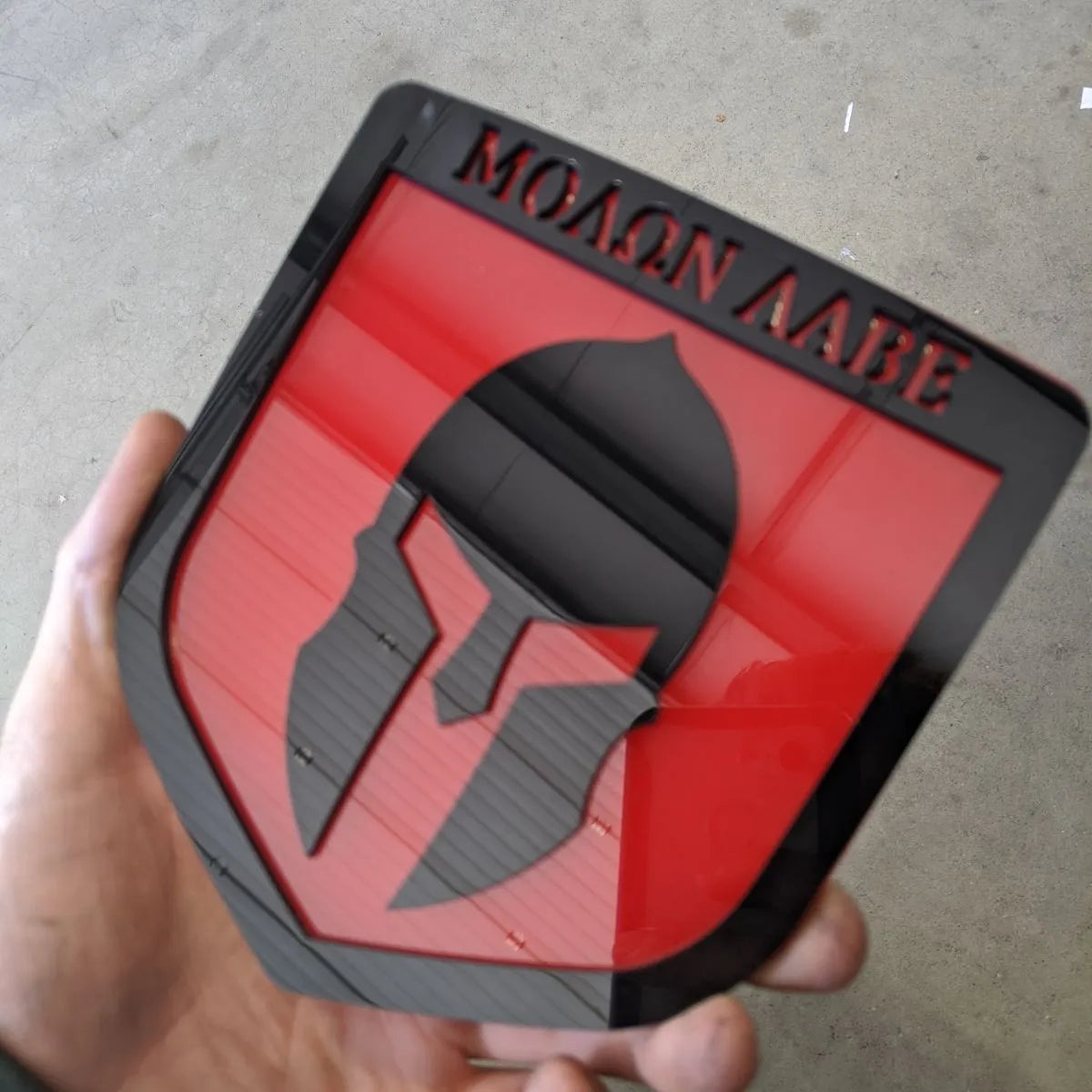 Molon Labe Badge - Fits 2009-2018 Dodge® Ram® Tailgate -1500, 2500, 3500 - Black on Red