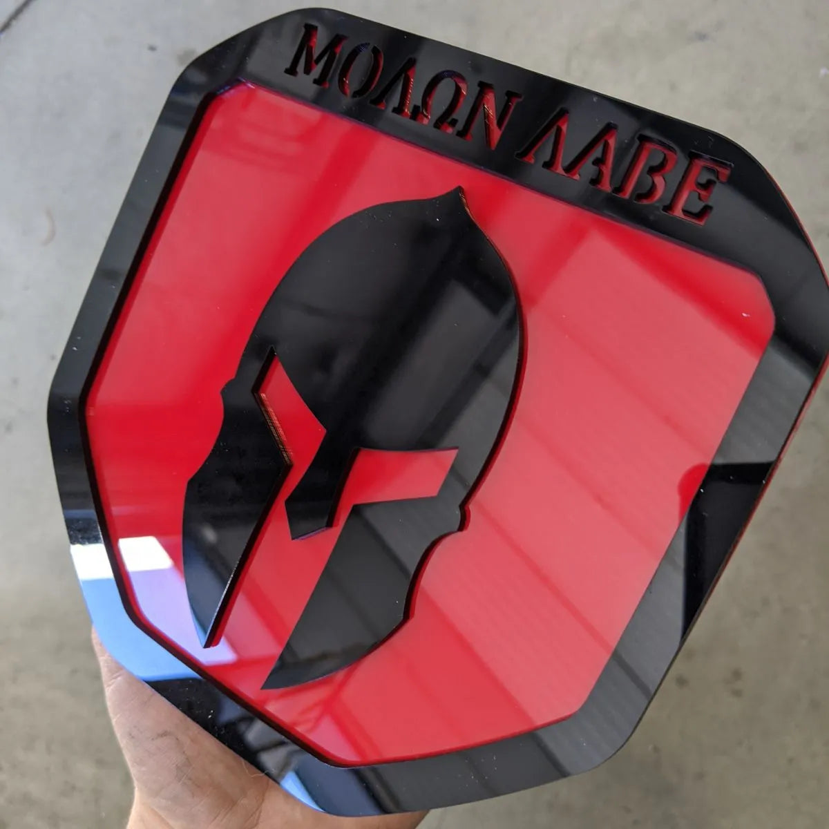 Molon Labe Badge - Fits 2019+ (5th Gen) Dodge® Ram® Tailgate -1500, 2500, 3500 - Black on Red