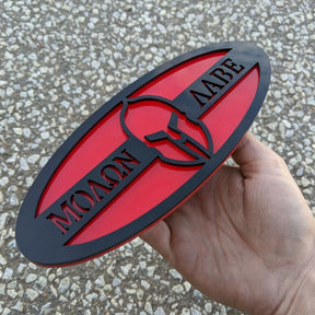 Molon Labe Oval Badge - 9 inch - Black on Red (Multiple Vehicles)