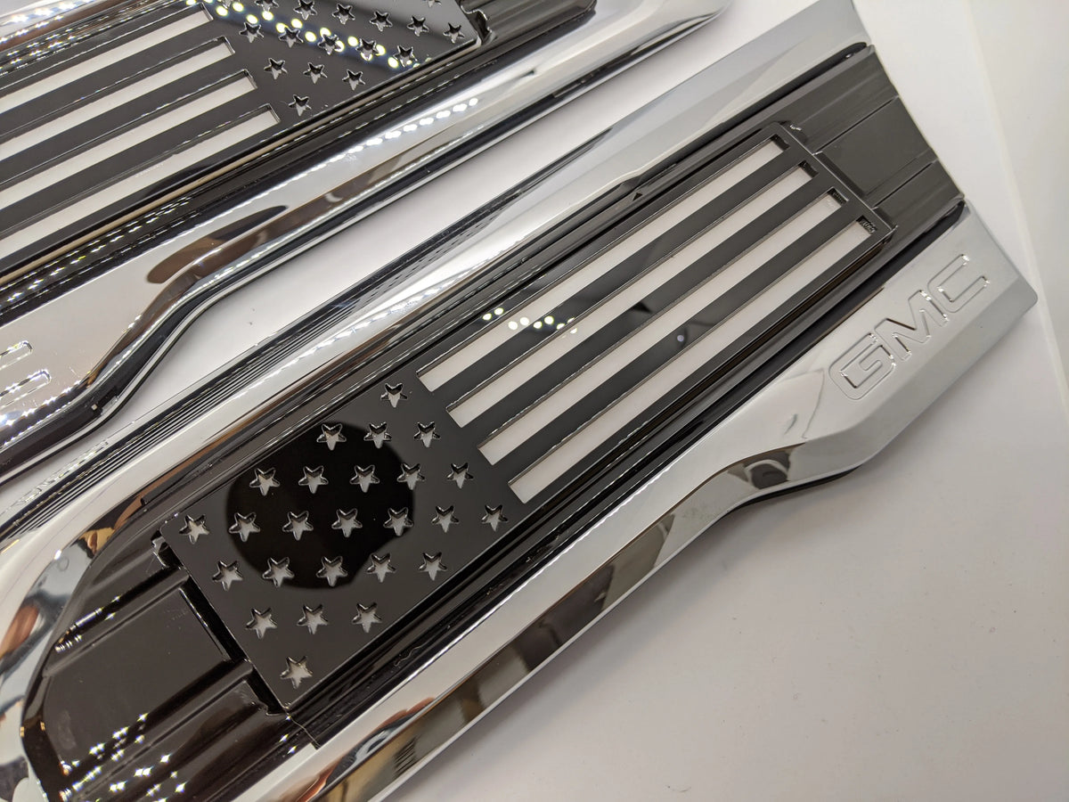 American Flag Badge Inserts - Fits 2020 - 2024 GMC 2500, 3500 HD - (Does not include OEM Badge) -Black on White