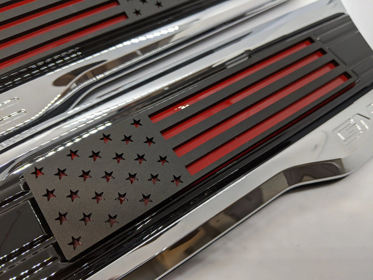 American Flag Badge Inserts - Fits 2020 - 2024 GMC 2500, 3500 HD - (Does not include OEM Badge) - Matte Black on Red