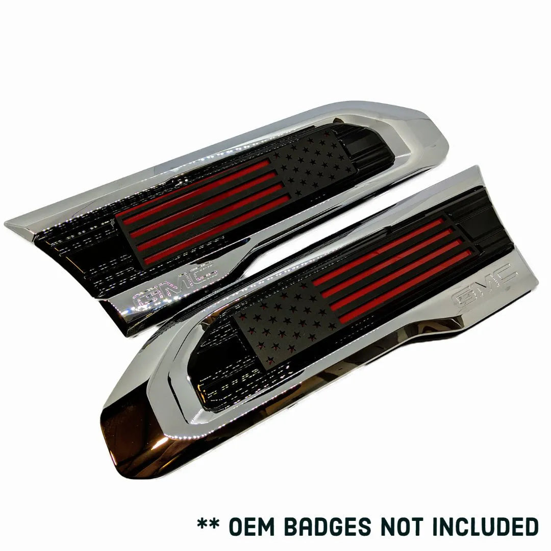 American Flag Badge Inserts - Fits 2020 - 2024 GMC 2500, 3500 HD - (Does not include OEM Badge) - Matte Black on Red