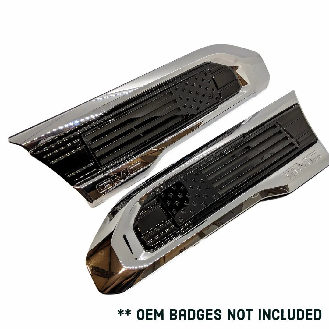 American Flag Badge Inserts - Fits 2020 - 2024 GMC 2500, 3500 HD - (Does not include OEM Badge) Black on Matte Black