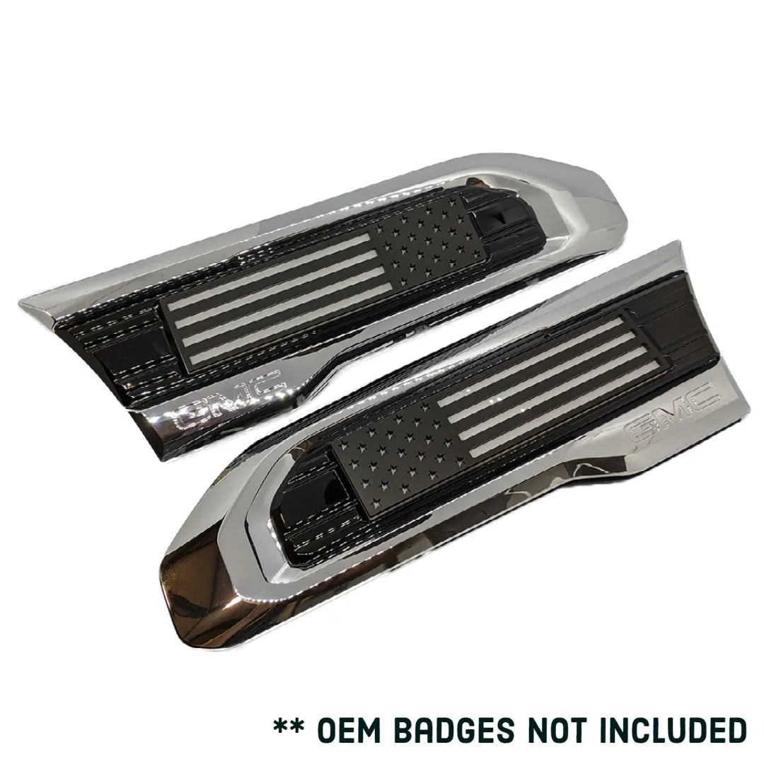 American Flag Badge Inserts - Fits 2020 - 2024 GMC 2500, 3500 HD - (Does not include OEM Badge) -Black on White