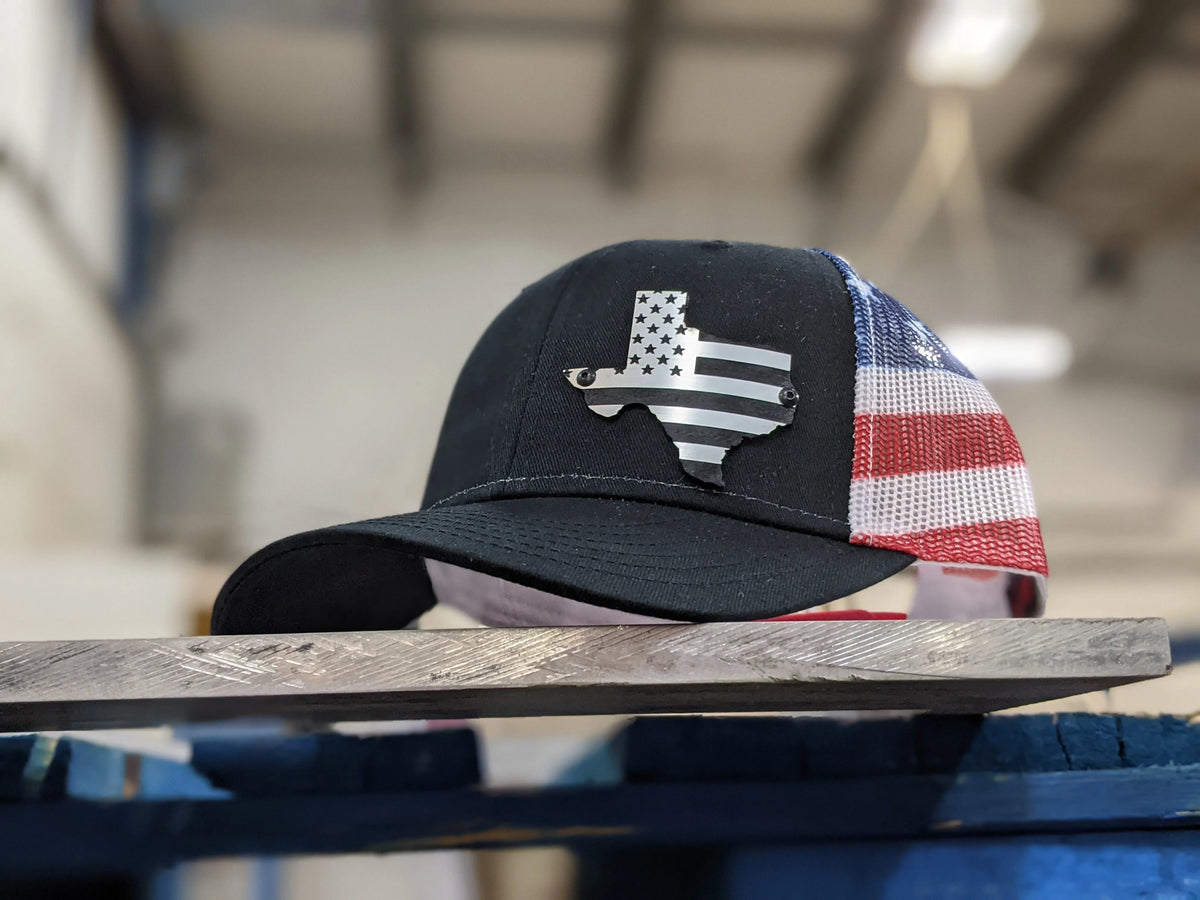 Texas American Flag Badge Hat - Brushed Stainless and Black Badge