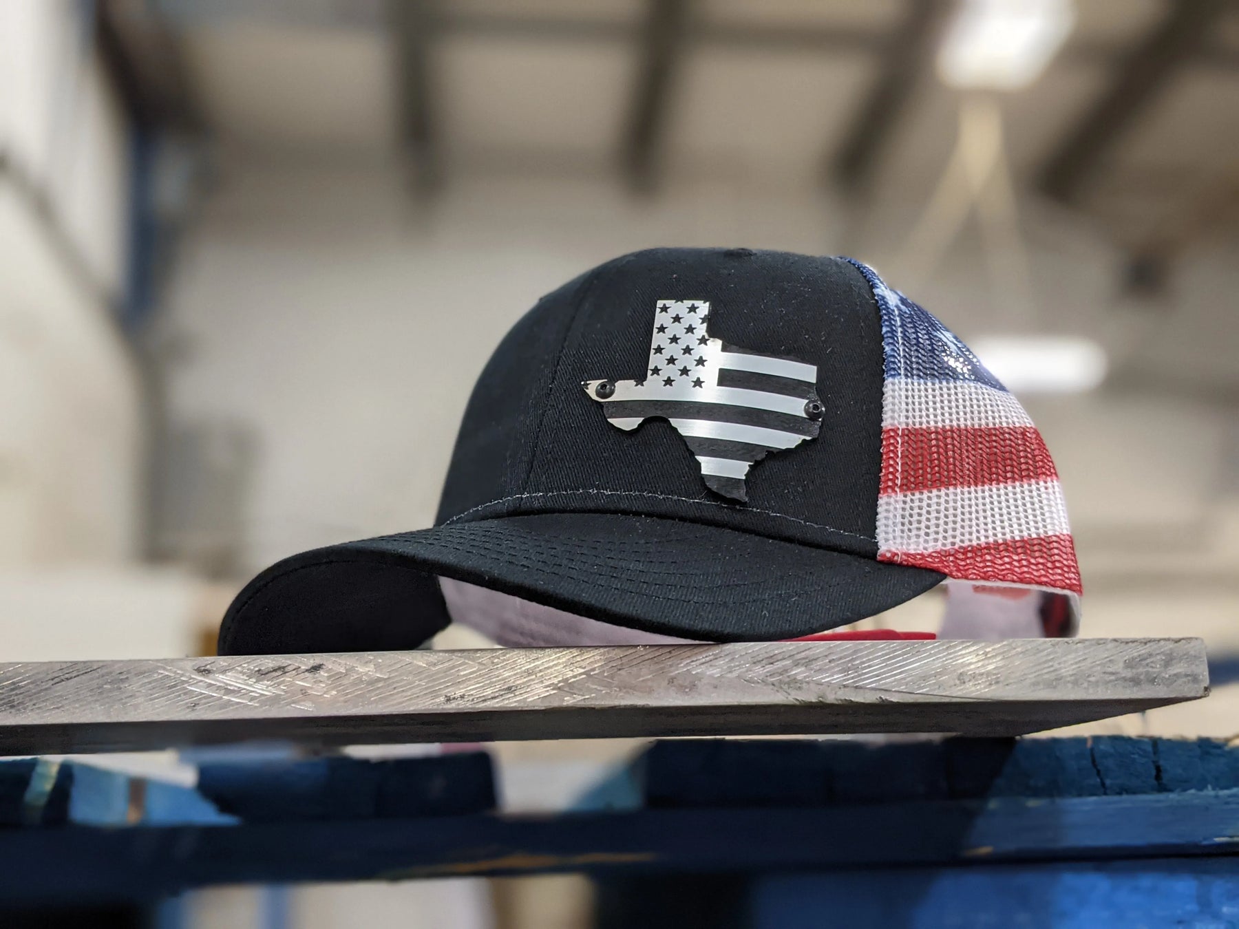 Texas American Flag Badge Hat - Brushed Stainless and Black Badge