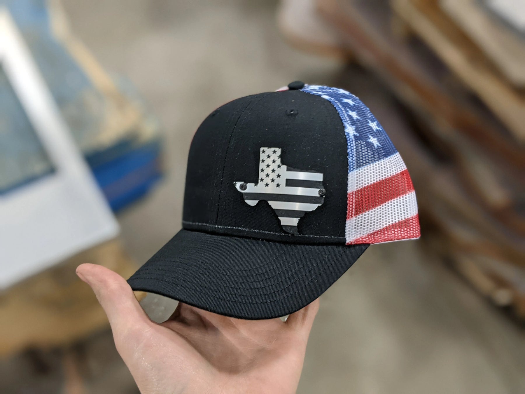 Texas American Flag Badge Hat - Brushed Stainless and Black Badge