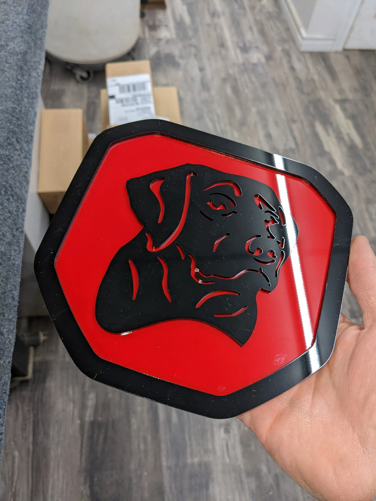 Labrador Badge - Fits 2019+ (5th Gen) Dodge® Ram® Tailgate - 1500, 2500, 3500 - Black on Red