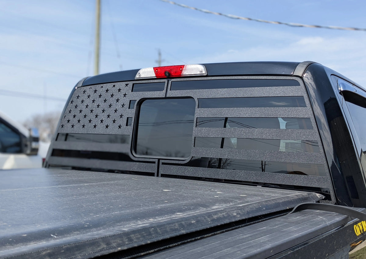 Revestimiento para camioneta con bandera estadounidense, ventana trasera, compatible con Super Duty 2017-2022, negro texturizado