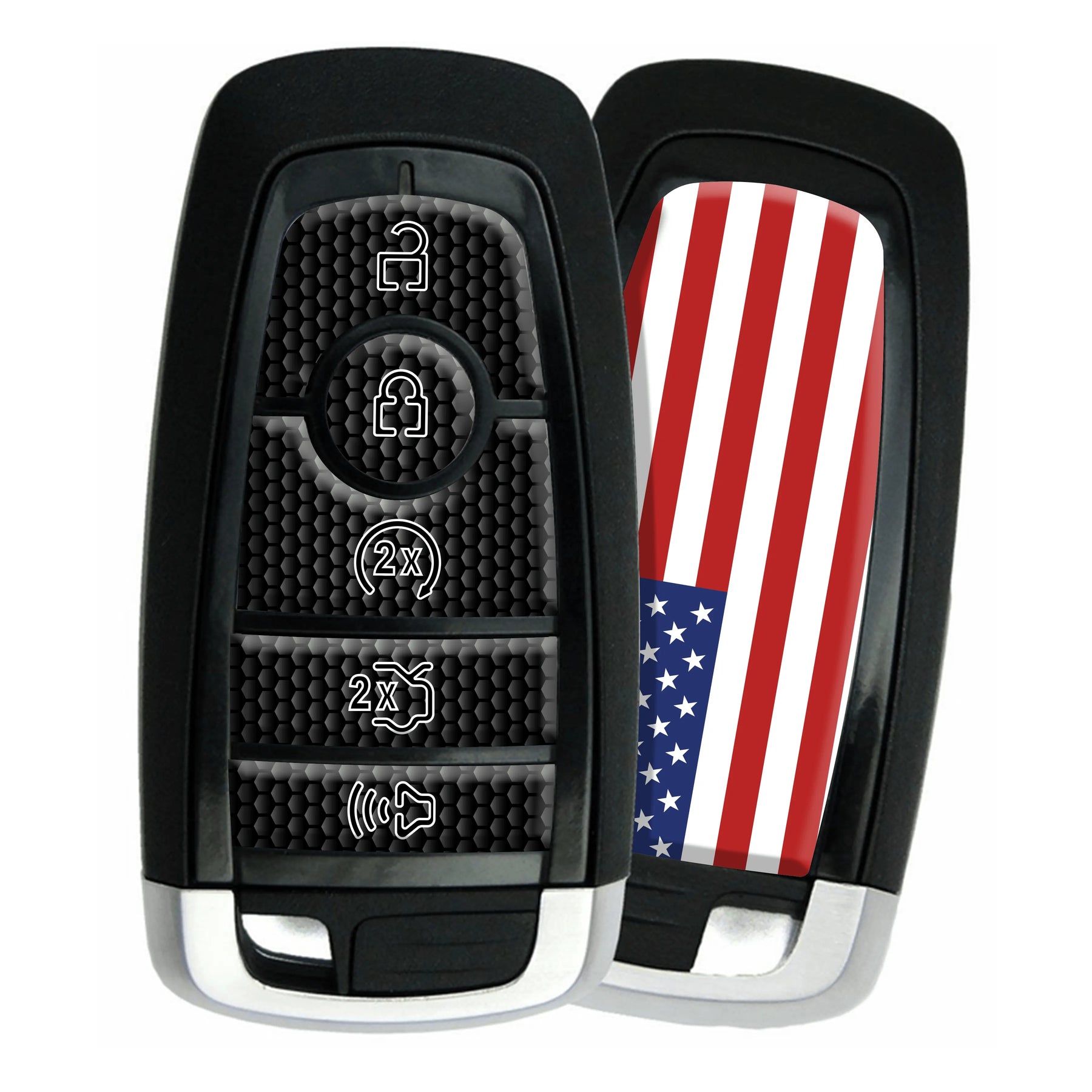 Kit de superposición de llavero: todos los botones y parte posterior con la bandera estadounidense a todo color; se adapta a muchos vehículos Ford®; varios colores disponibles