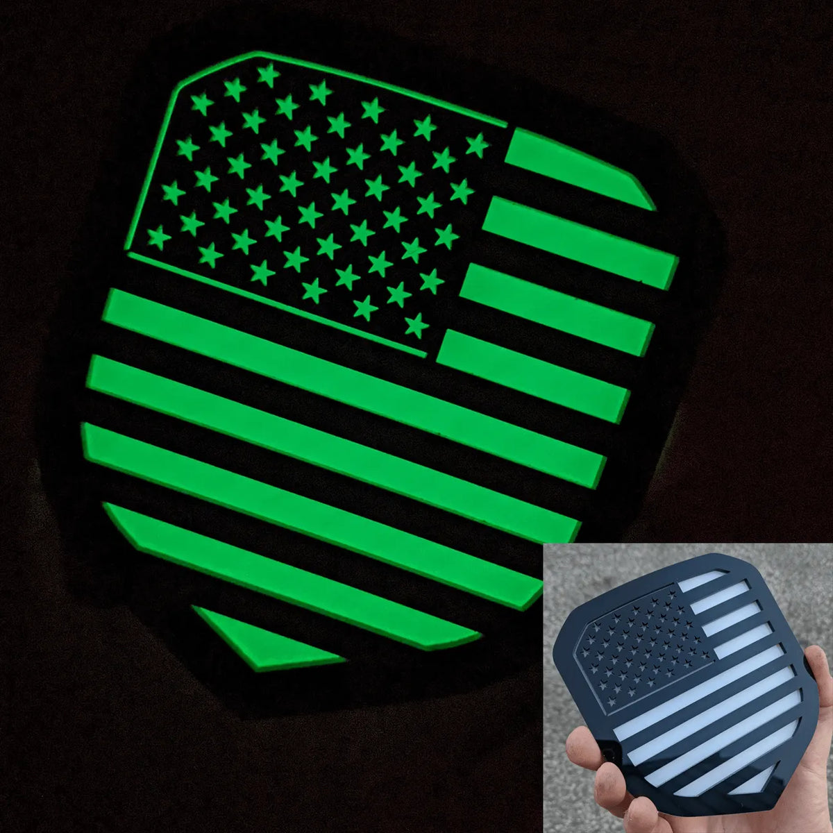 Insignia de la bandera estadounidense: se adapta a la parrilla Dodge® Ram® 2013-2018 -1500, 2500, 3500 - Negro sobre fondo brillante