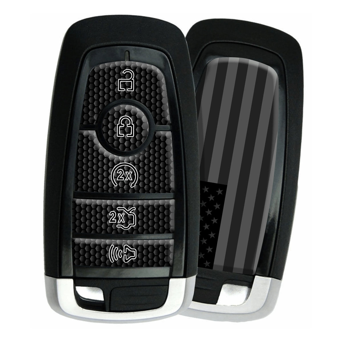 Kit de superposición de llavero: todos los botones y parte posterior con la bandera estadounidense en color negro; se adapta a muchos vehículos Ford®; varios colores disponibles