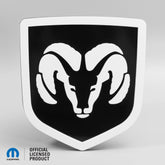 RAM® HEAD LOGO STYLE 2 TAILGATE BADGE - FITS 2009-2018 DODGE® RAM® TAILGATE -1500, 2500, 3500 - WHITE ON GLOSS - Officially Licensed Product