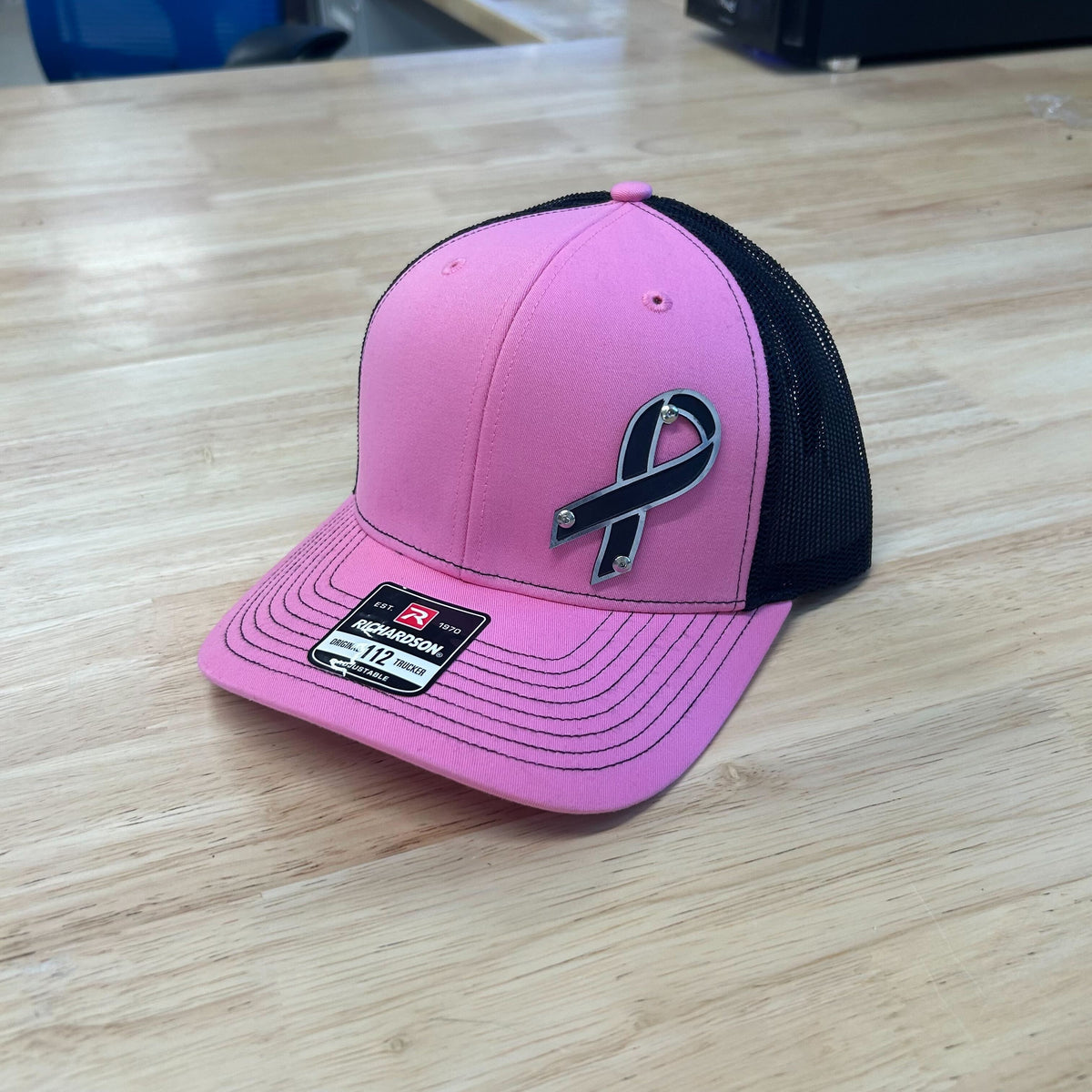 Breast Cancer Awareness Badge Hat - Black and Brushed Stainless Badge