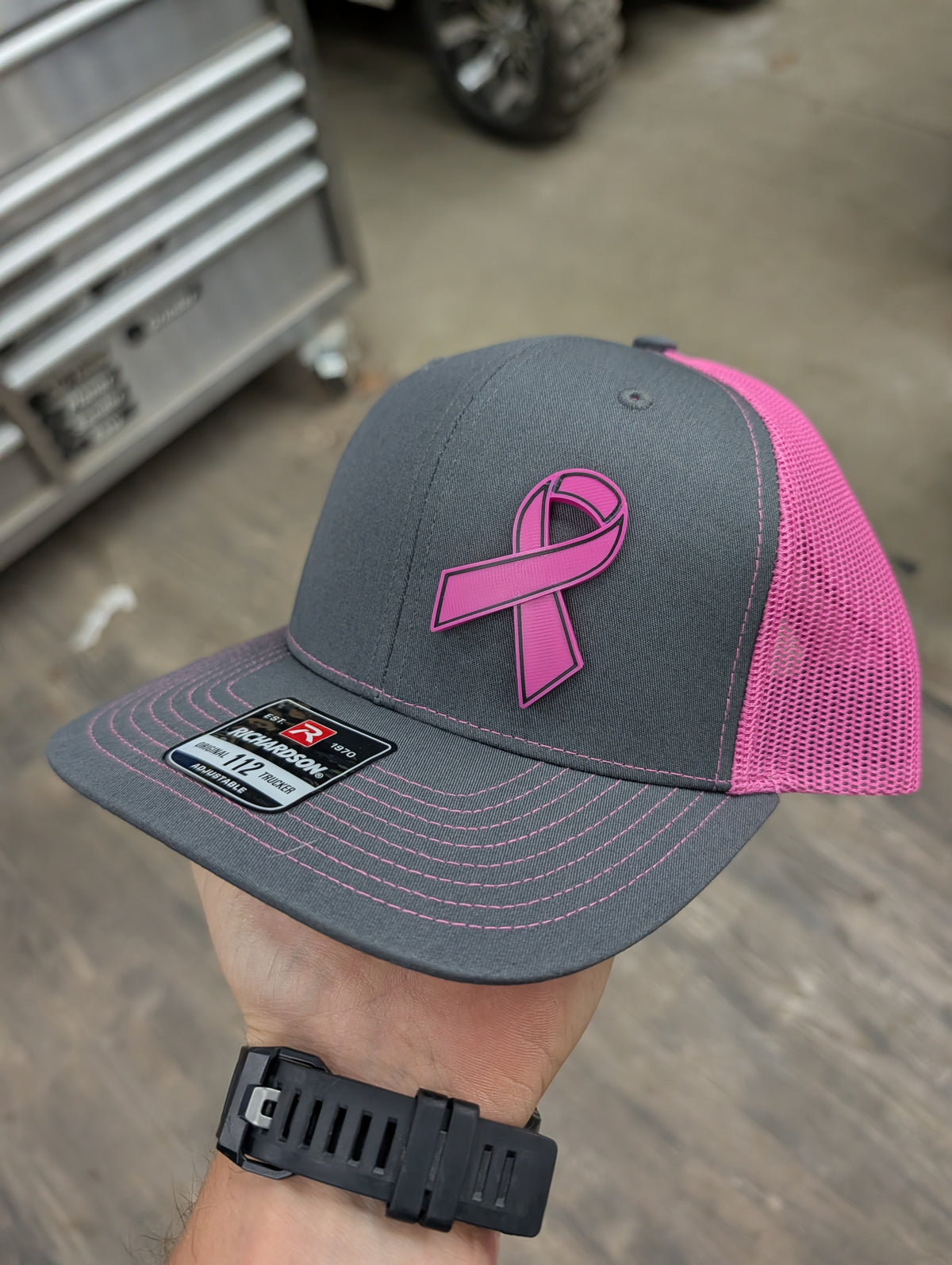 Breast Cancer Awareness Badge Hat - Black and Brushed Stainless Badge