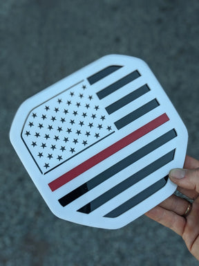 American Flag Badge - Fits 2019+ (5th Gen) Dodge® Ram® Tailgate -1500, 2500, 3500 - White on Black with Thin Red Line