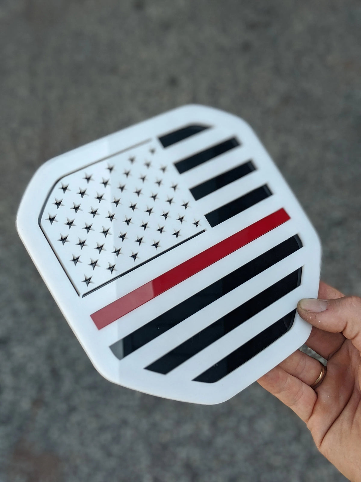 American Flag Badge - Fits 2019+ (5th Gen) Dodge® Ram® Tailgate -1500, 2500, 3500 - White on Black with Thin Red Line