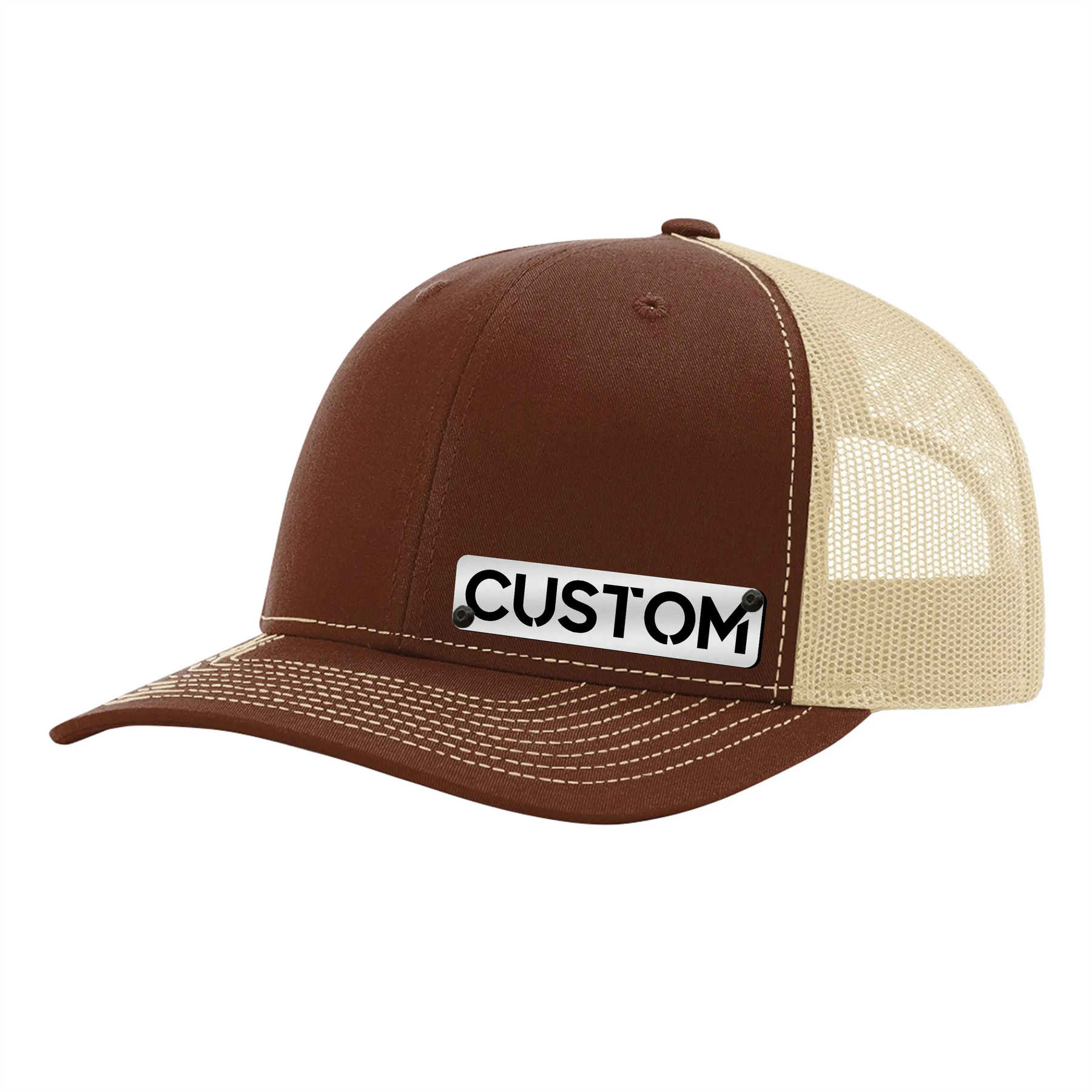Custom Badge Hat - Trucker Snapback - Black and Brushed Silver Badge - Upload Your Own
