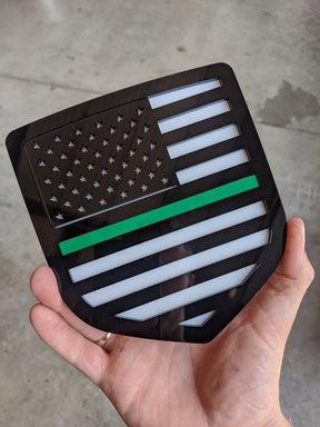 American Flag Badge - Fits 2009-2018 Dodge® Ram® Tailgate -1500, 2500, 3500 - Black on White with a Thin Green Line