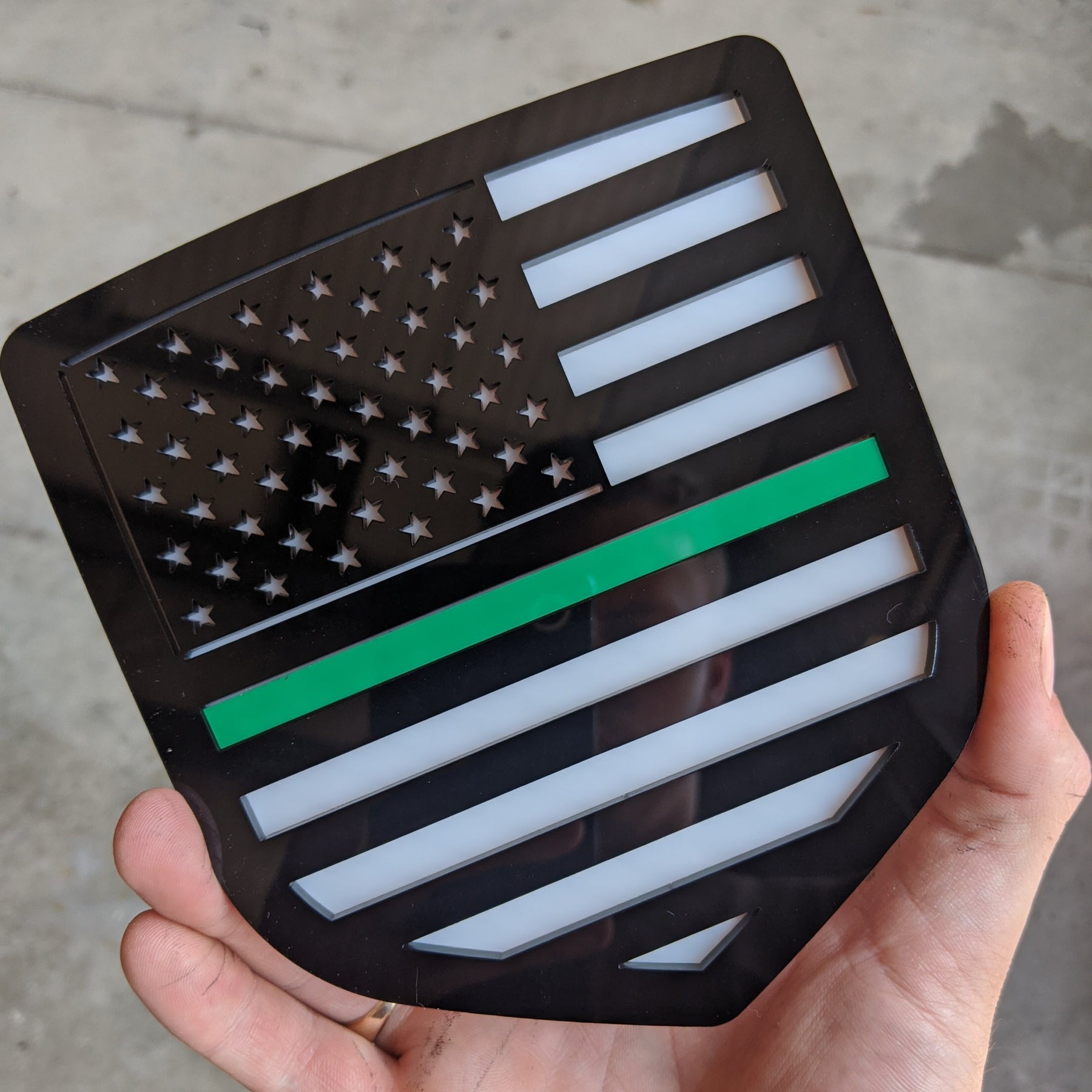 American Flag Badge - Fits 2009-2018 Dodge® Ram® Tailgate -1500, 2500, 3500 - Black on White with a Thin Green Line