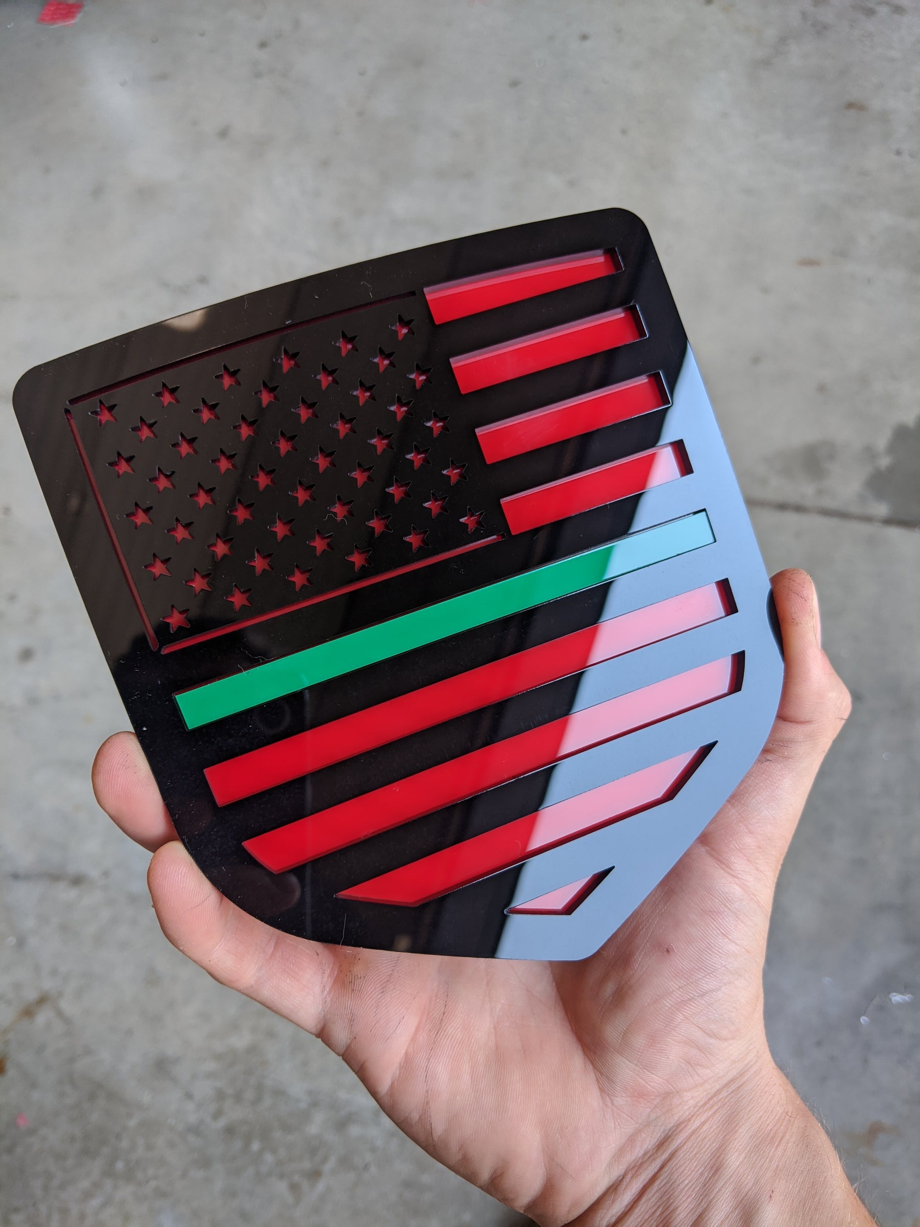 American Flag Badge - Fits 2009-2018 Dodge® Ram® Tailgate -1500, 2500, 3500 - Black on Red with a Thin Green Line
