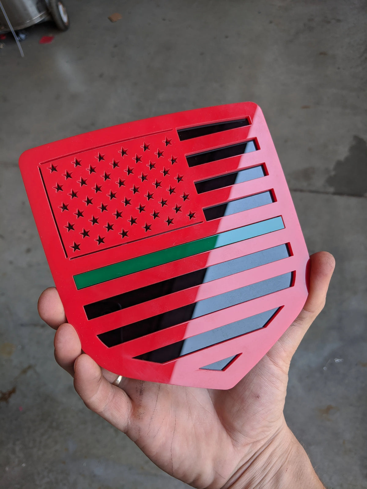 American Flag Badge - Fits 2009-2018 Dodge® Ram® Tailgate -1500, 2500, 3500 - Red on Black with a Thin Green Line