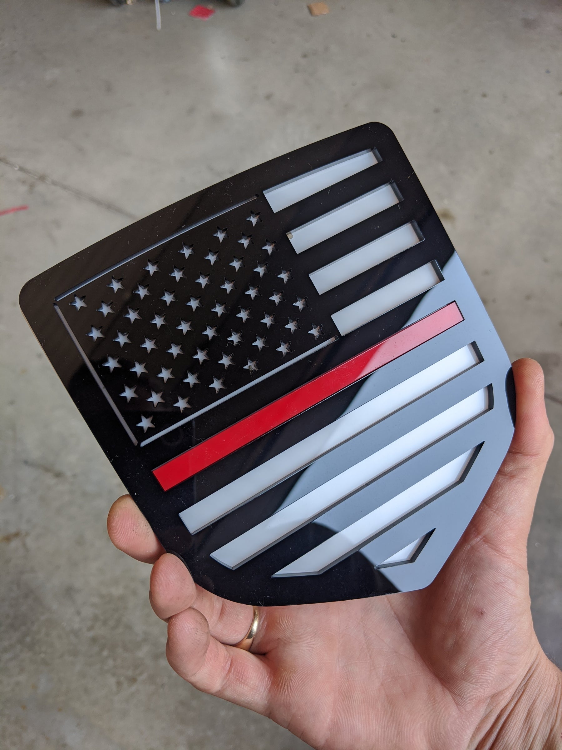 American Flag Badge - Fits 2009-2018 Dodge® Ram® Tailgate -1500, 2500, 3500 - Black on White with a Thin Red Line