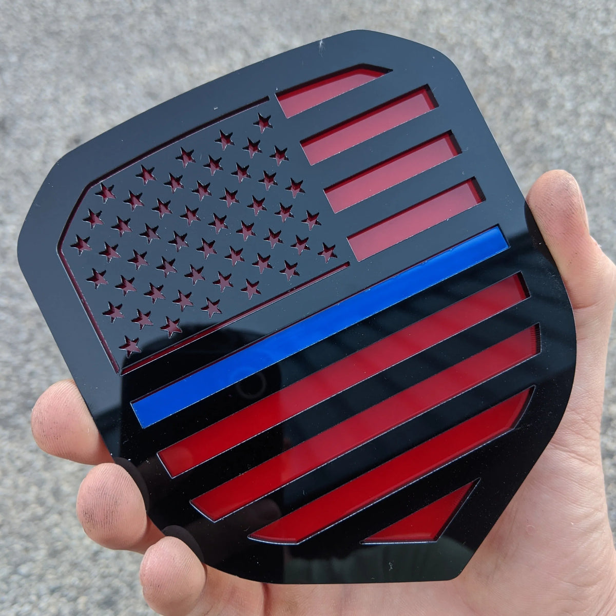 American Flag Badge - Fits 2013-2018 Dodge® Ram® Grille - 1500, 2500, 3500 - Black on Red with a Thin Blue Line
