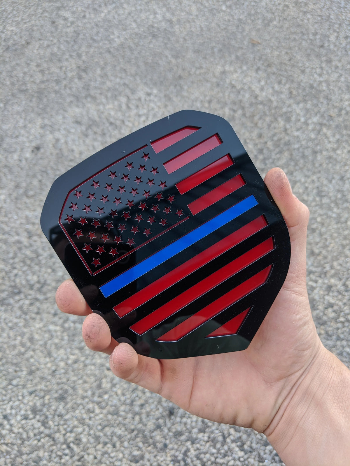 American Flag Badge - Fits 2013-2018 Dodge® Ram® Grille - 1500, 2500, 3500 - Black on Red with a Thin Blue Line