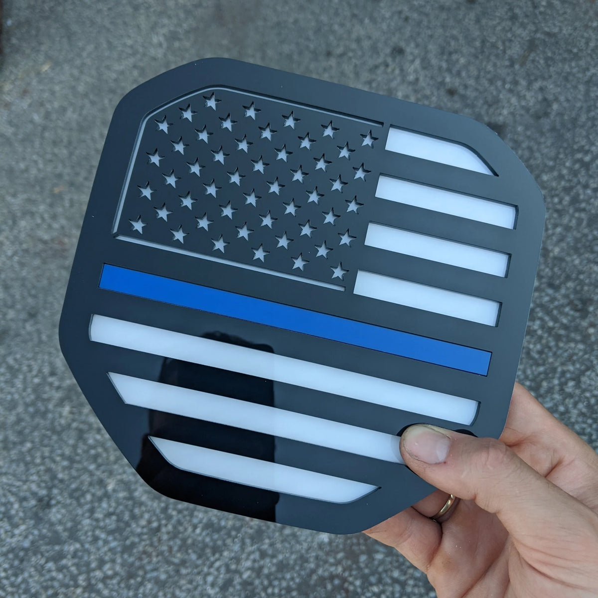 American Flag Badge - Fits 2019+ (5th Gen) Dodge® Ram® Tailgate -1500, 2500, 3500 - Black on White with Thin Blue Line