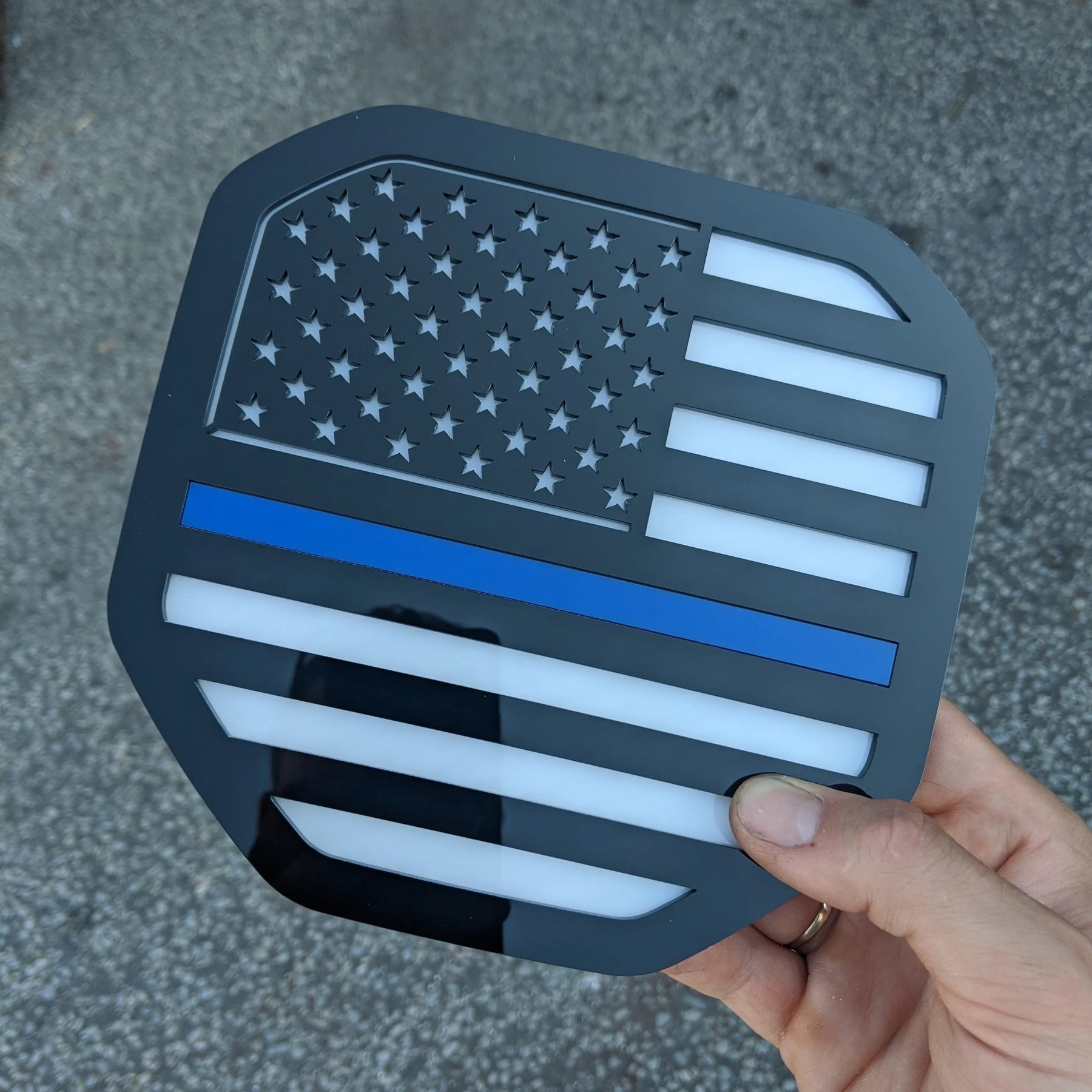 American Flag Badge - Fits 2019-2023 (5th Gen) Dodge® Ram® Tailgate -1500, 2500, 3500 - Black on White with Thin Blue Line